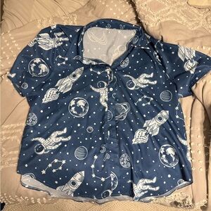 Women’s Blue Space-Themed Button-Up Shirt, 2X